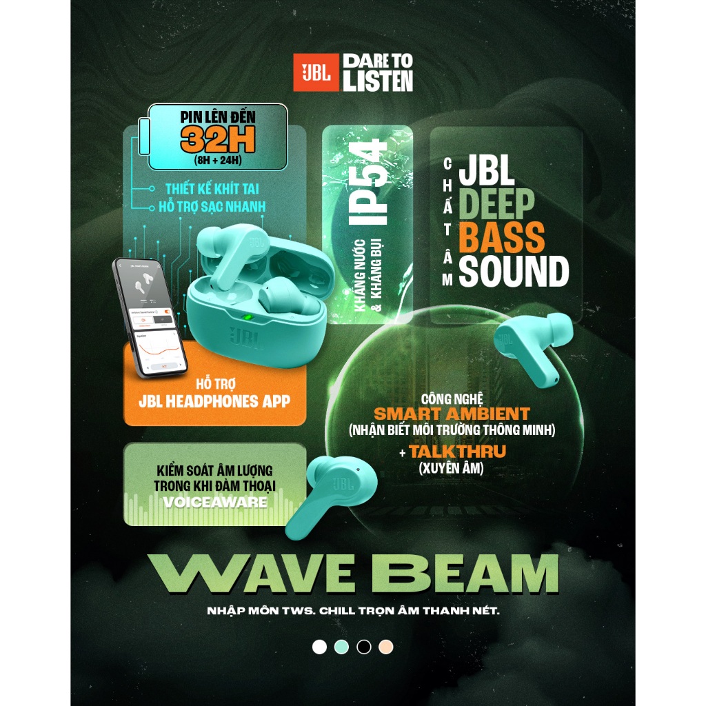 Tai Nghe Truewireless JBL Wave Beam Nghe Nhạc tới 32 Giờ Kháng Nước Bụi IP54 Hỗ Trợ qua Ứng Dụng | BigBuy360 - bigbuy360.vn
