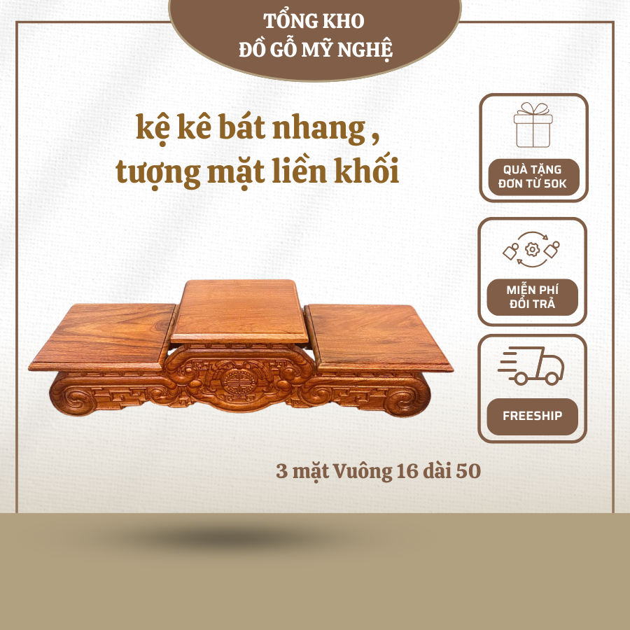 Tam Sơn 3 mặt vuông 16cm Gỗ Hương mặt liền khối, kê bát nhang, tượng chạm khắc hoa văn tinh sảo vuôn