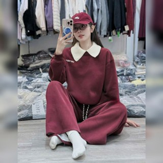 Set bộ thu đông nữ bigsize 60-92kg, bộ đồ mì nỉ aoa tay dài phối cổ peter mix quần dài dáng suông che khuyết điểm