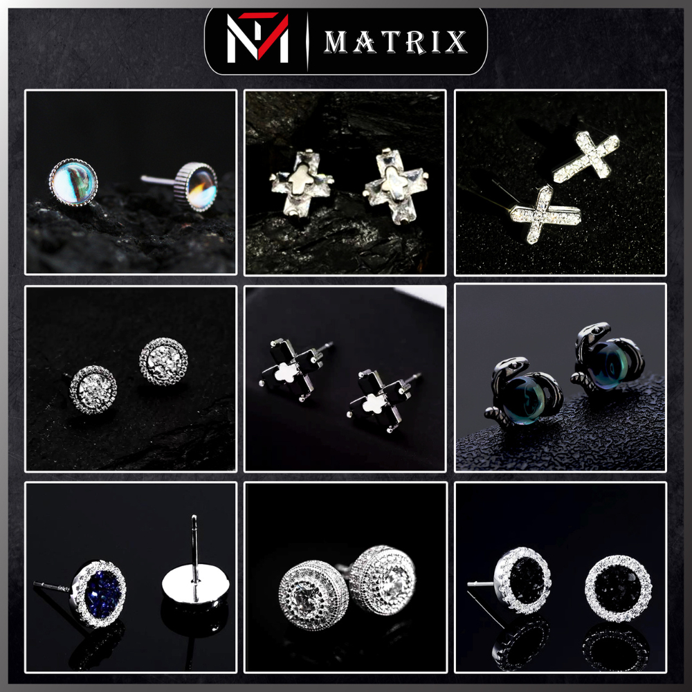 Bông Tai Đính Đá Màu Bạc - Hoa Tai Cách Điệu Không Gỉ - Khuyên Tai Titan Nam Nữ Matrix