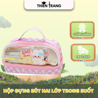 Hộp đựng bút chì hai lớp trong suốt Túi đựng mỹ phẩm, Túi văn phòng phẩm PVC dễ thương Hộp văn phòng
