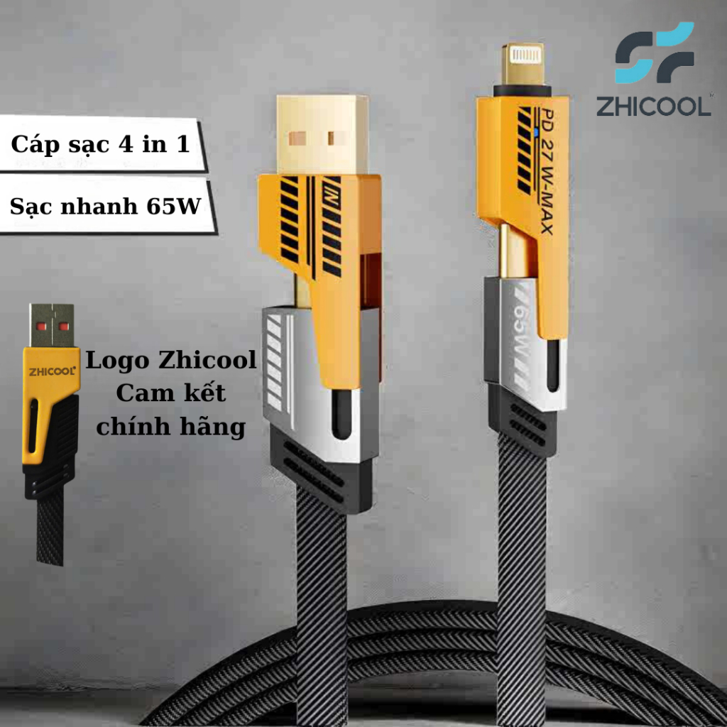Dây sạc 4 in 1 sạc nhanh 65W, BH 12T, Cáp sạc 4 in 1 chính hãng Zhicool