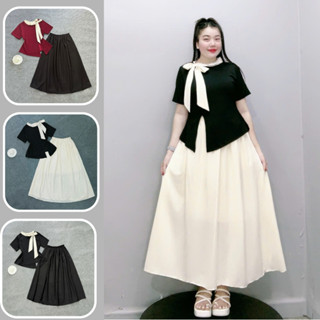 Set tiểu thư bigsize nữ áo tay ngắn cổ thắt nơ cách điệu phối cùng chân váy maxi lụa phong cách thanh lịch SET848