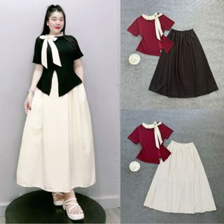 Set Tiểu Thư Bigsize Nữ Áo Thun Tay Ngắn Cổ Nơ Liền Tà Xẻ (CÓ ÁO LẺ)Và Chân Váy Xòe Lưng Cao SET848