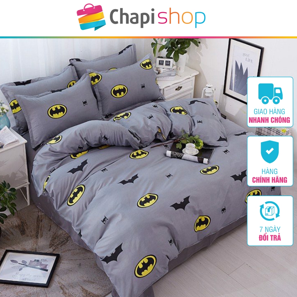 Trọn bộ 5 Món Vỏ Chăn có khóa kéo, gồm ga gối đủ kích thước + vỏ gối ôm theo mẫu cotton Poly mẫu Bat