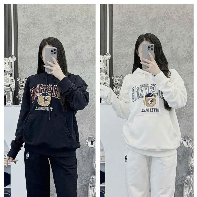 Áo nỉ Gấu Whoau có mũ hình, chữ và logo thêu xuất da cá sang xịn mịn cao cấp