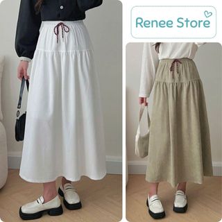  Chân váy dáng dài midi nhung tăm váy dáng xoè lưng chun kèm dây thắt Renee Store - V170 