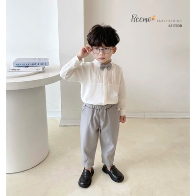 Set bộ sơ mi công tử Beemo xếp ly ngực kèm nơ vải thô hàn cao cấp cho bé trai 9-24kg 4417BDB
