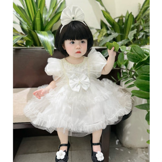 (Form Váy Nhỏ )Váy công chúa dài tay cổ ngọc kèm cài 4-14 kg,Váy cho bé gái đầy tháng thôi nôi sinh nhật