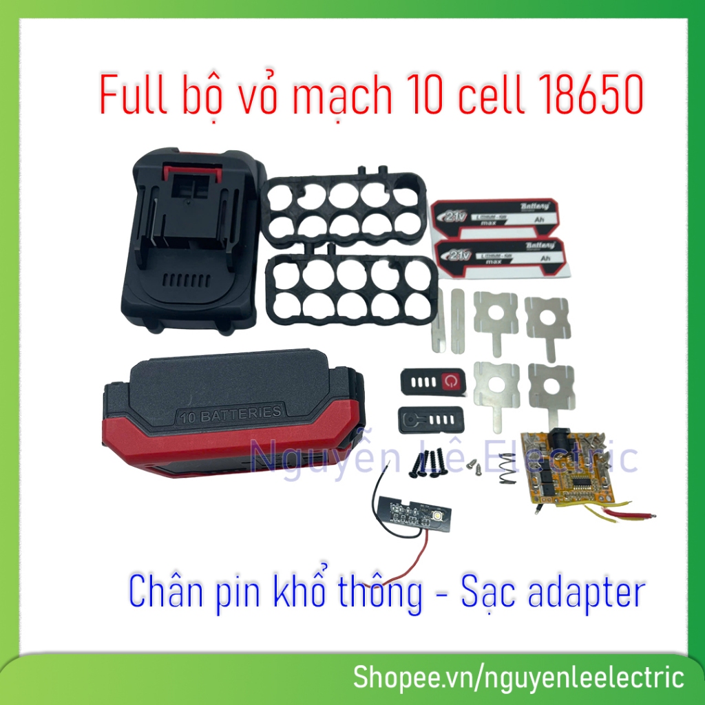 Vỏ Mạch Makita 21v 10 Cell Kèm Mạch 5s 60a Chân Sạc Adapter - 10 Cell 18650 - Full Bộ Có Led Báo Pin