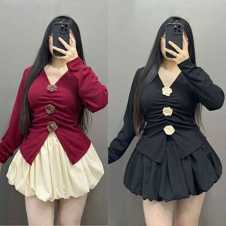 Set Thiết Kế Bigsize Nữ Áo Thun Ruby Mềm Mịn Gắn Hoa Rời Tay Dài Phối Chân Váy Bí Vải Lụa Xoa SET946