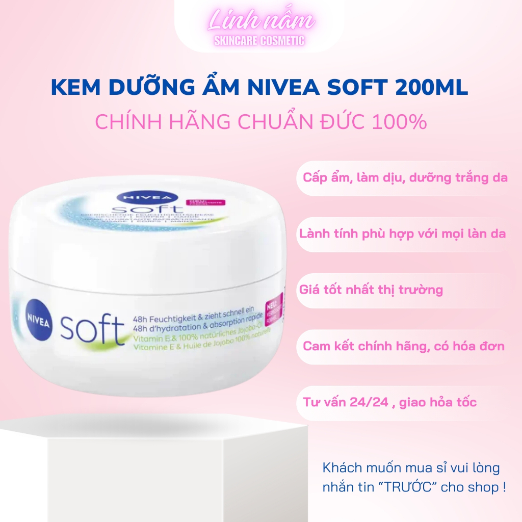 Kem dưỡng ẩm Nivea Soft chuẩn Đức 200ml, Nivea cream dưỡng ẩm làm dịu da, Linh Nấm Skincare