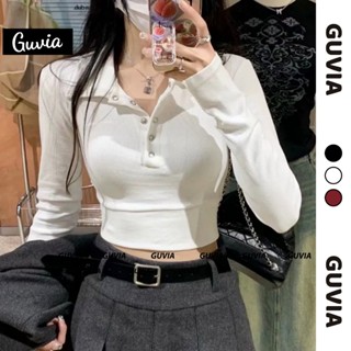 Áo Croptop Tay Dài CÚC BẤM Cổ Polo Nữ Thun Gân, Áo Thun Croptop Có Chun Ôm Eo GUVIA CR170