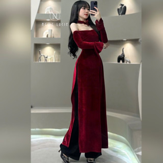 S314 - Set Áo Dài Bẹt Vai Tay Loe Kèm Quần Ống Suông (Kèm Hoa Cài Cổ) Vải Nhung - Ngọc Lucie Nữ Women