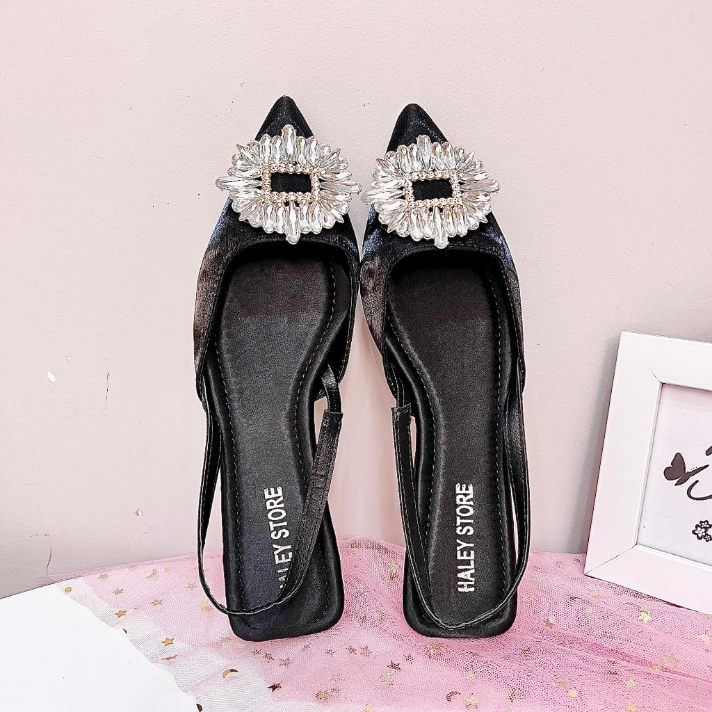 Giày bít bệt da daa HALEY STORE gót phẳng đính đá bít mũi quai kéo tiểu thư cô dâu tiệc cưới đi chơi