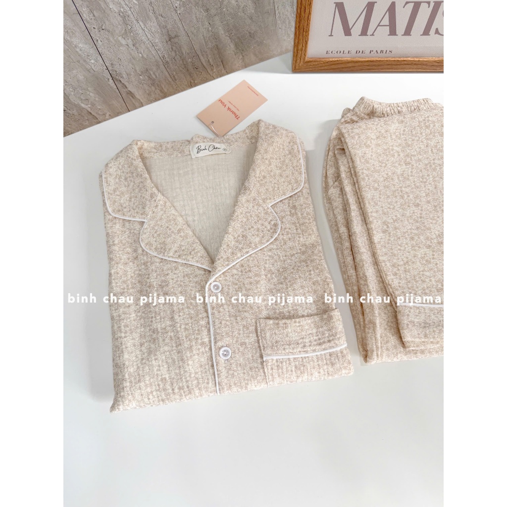   ẢNH THẬT  Pyjama đồ bộ hoa nhí nâu màu kem chất xô muslin mềm mát - Bình Châu Pijama 