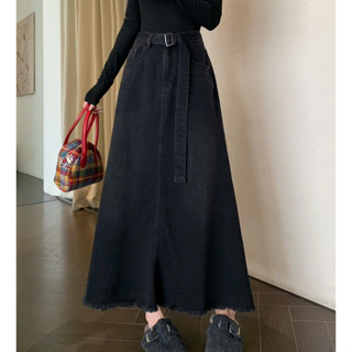  Chân váy jean nữ dài cạp cao tua gấu tặng kèm đai chân váy midi dáng chữ A kiểu dáng thanh lịch_A43 