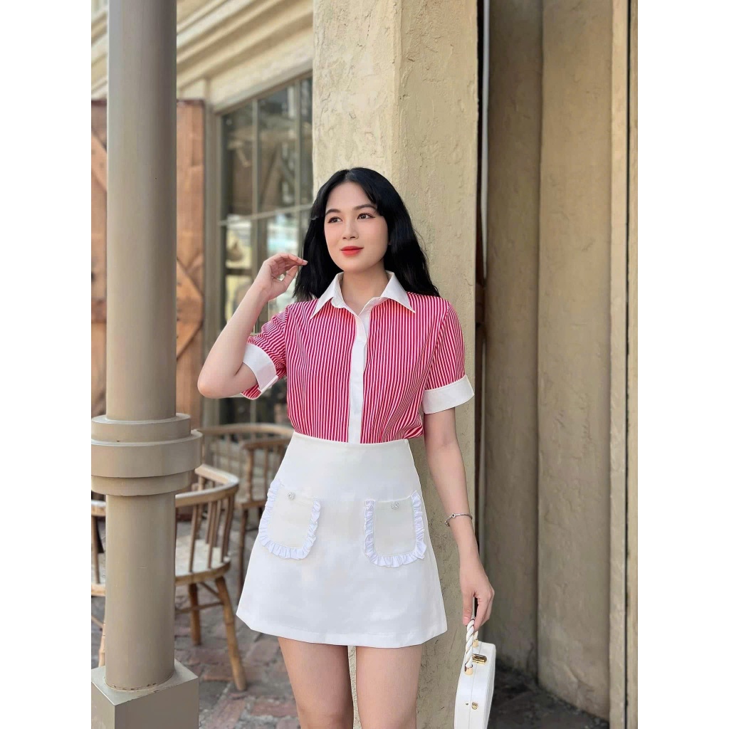Áo sơ mi Nữ sọc tay ngắn cổ sơ mi phối trắng hoạ tiết kẻ sọc hợp thời trang sơ mi nữ Gloria Shop