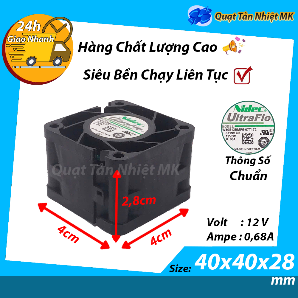 Quạt tản nhiệt phản lực 12v 0,68a 4cm (40x40x28mm) hàng Nidec mới
