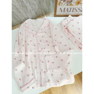   ẢNH THẬT  Pyjama đồ ngủ hoa nhí màu hồng xô muslin mềm mát - Bình Châu Pijama 