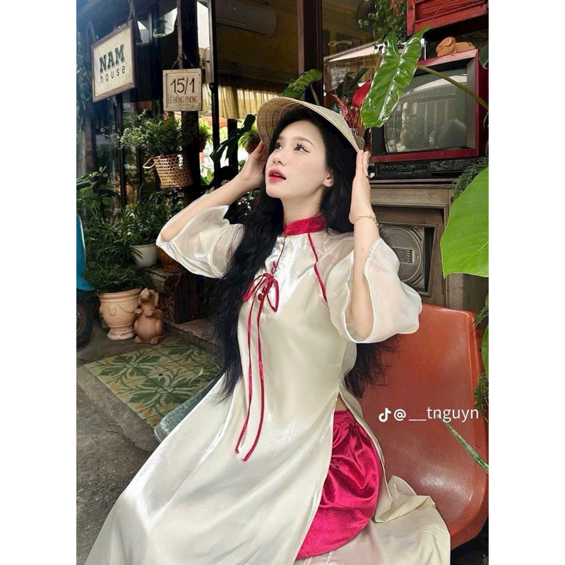 [FULL SET] Áo dài kem đỏ chất tơ quần tuyết nhung tết 4Seasons