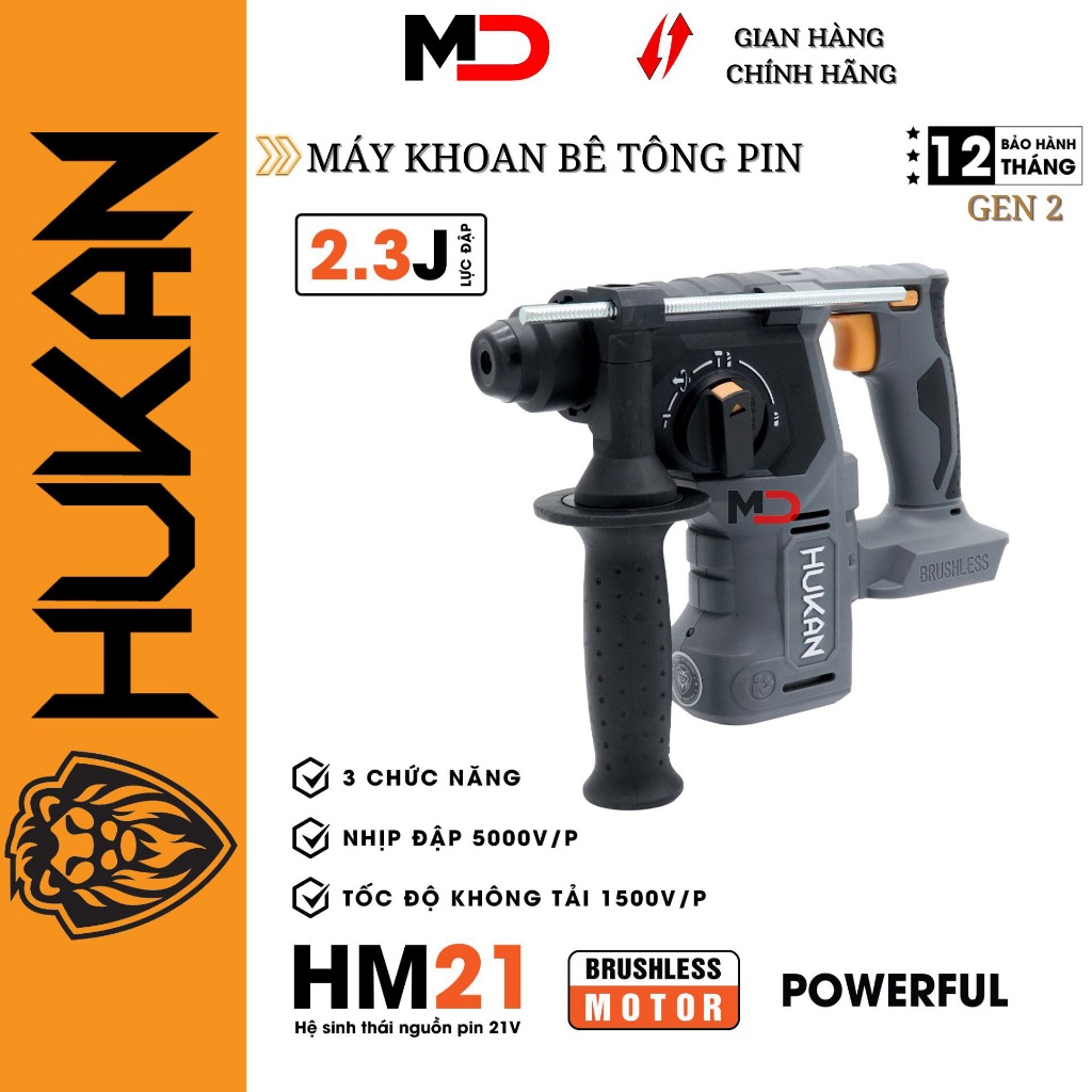 Máy khoan bê tông pin 21V  (GEN 1) HUKAN BODY-HK-HM21-RH2706PLUS | 3 chức năng chính, lực đập 2.3J, 