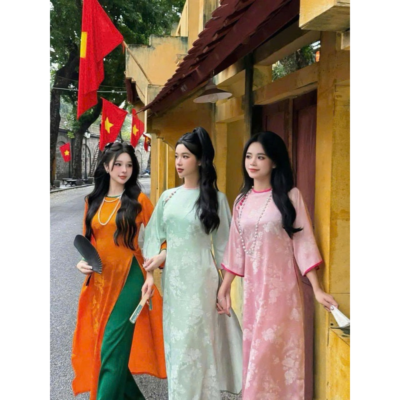 [FULL SET] Áo dài gấm hồng nhẹ nhàng mùa tết 4Seasons
