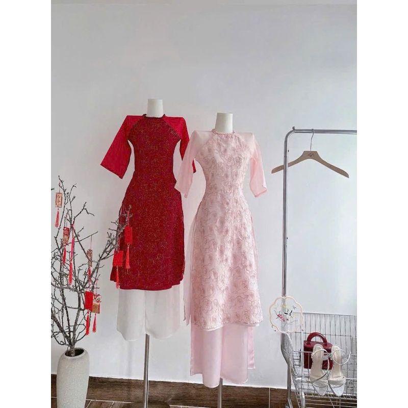 [ FULL SET] Áo dài thêu nổi 2 màu đỏ và hồng 4Seasons