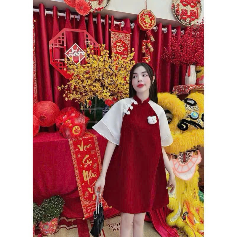 Đầm ngắn đỏ nhung tay tơ voan kèm gấu 4Seasons