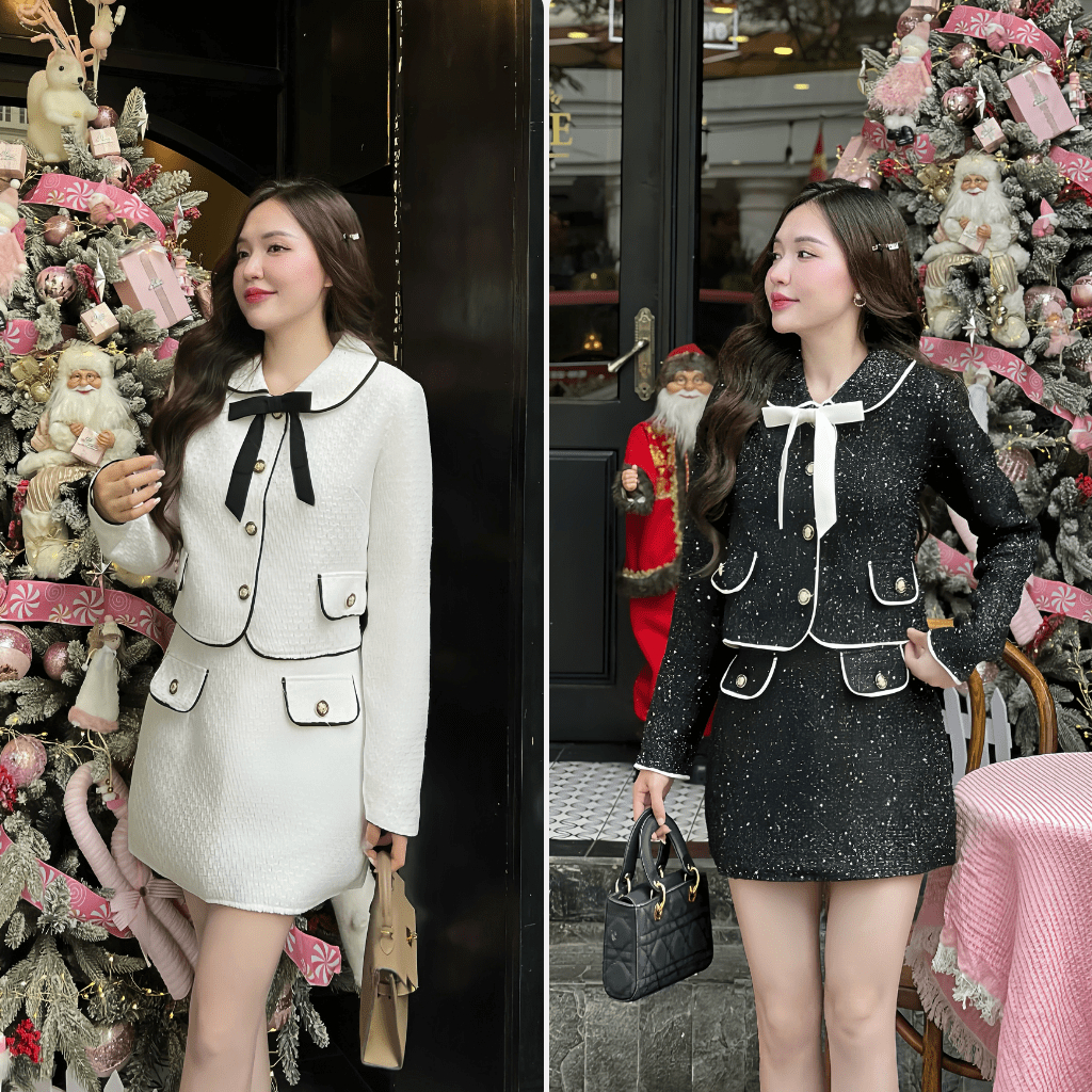 Set váy dạ áo khoác dạ tweed kim sa kèm nơ rời, Chân váy A phối túi giả Hb.closet S241