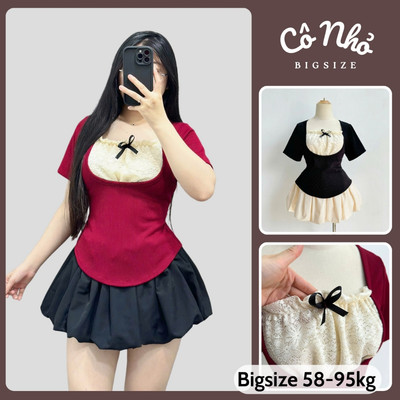 Áo Thun Kiểu Bigsize Nữ (K KÈM VÁY) Tay Ngắn Cổ Vuông Phối Ren 2 Lớp Dễ Thương Cho Chubby G264