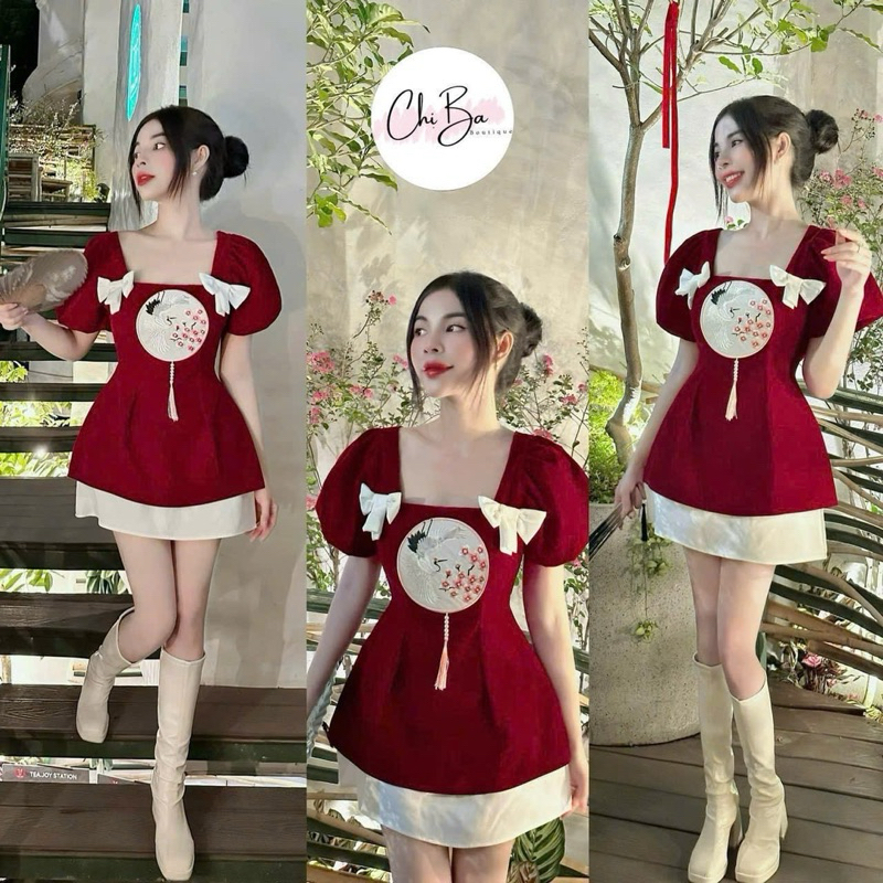 [FULL SET] Đầm đỏ nhung lì ngắn 4Seasons