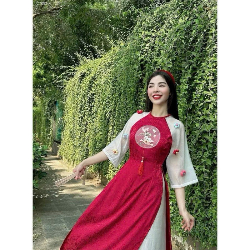 [ FULL SET] Áo đỏ chất gấm phối quần trắng tuyết nhung 4Seasons
