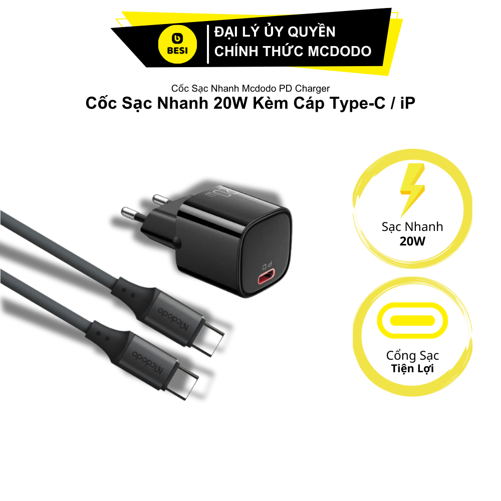 Bộ Sạc Nhanh Mcdodo Nano 20W PD | Kèm Cáp Sạc Nhanh, Củ Sạc Siêu Nhỏ