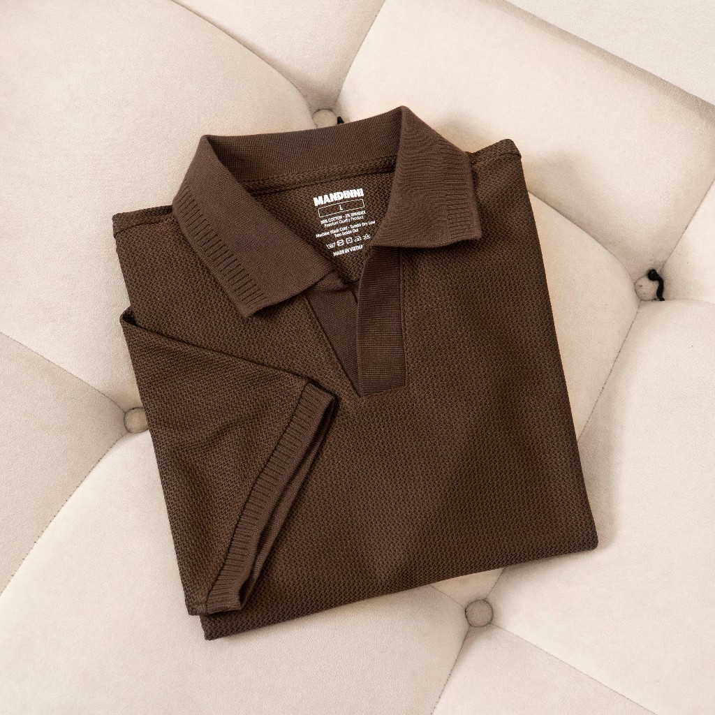 Áo thun polo nam REBO cổ chữ V chất vải dệt họa tiết xương cá cao cấp - MANDINNI