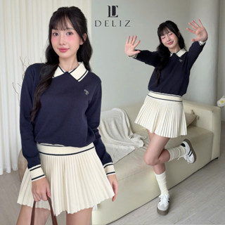 DELIZ - Áo len nữ cổ đức dài tay xanh than phối viền thanh lịch len lông thỏ mềm basic thiết kế DELIZ AL63