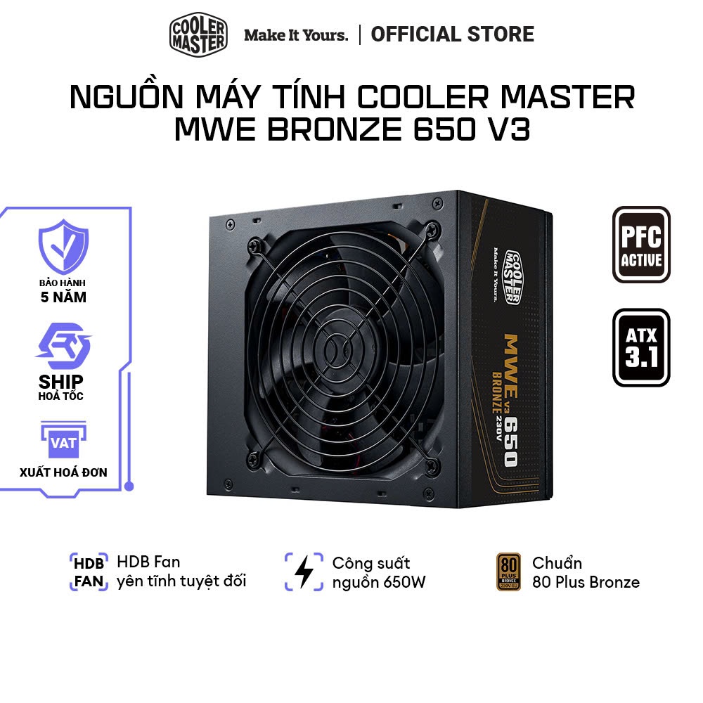 Nguồn Máy Tính Cooler Master MWE Bronze 650W V3 230V, ATX 3.1, Chuẩn 80 Plus Bronze | Bảo Hành 5 Năm