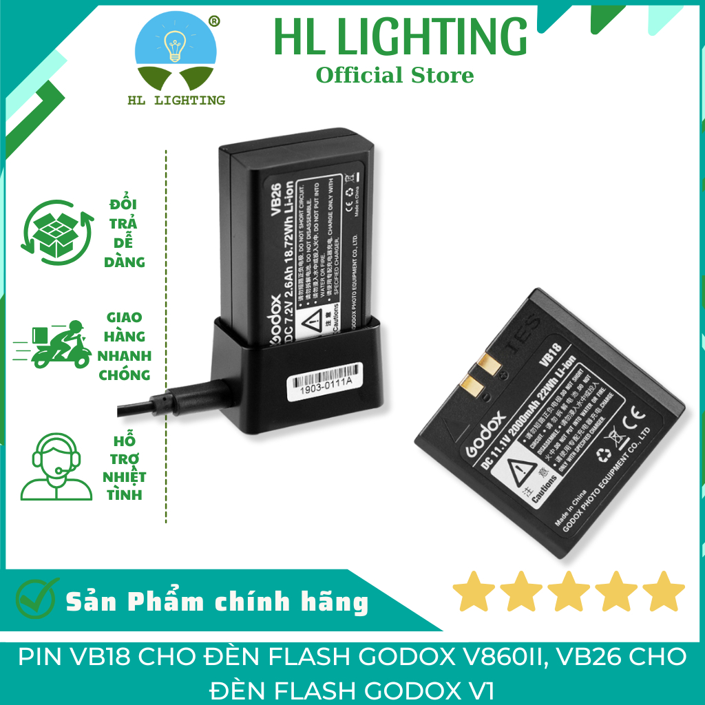 Pin VB18 Cho Đèn Flash Godox V860II, VB26 Cho Godox V1, VB22 Cho V480 / V1mid - Chính Hãng, Dung Lượ