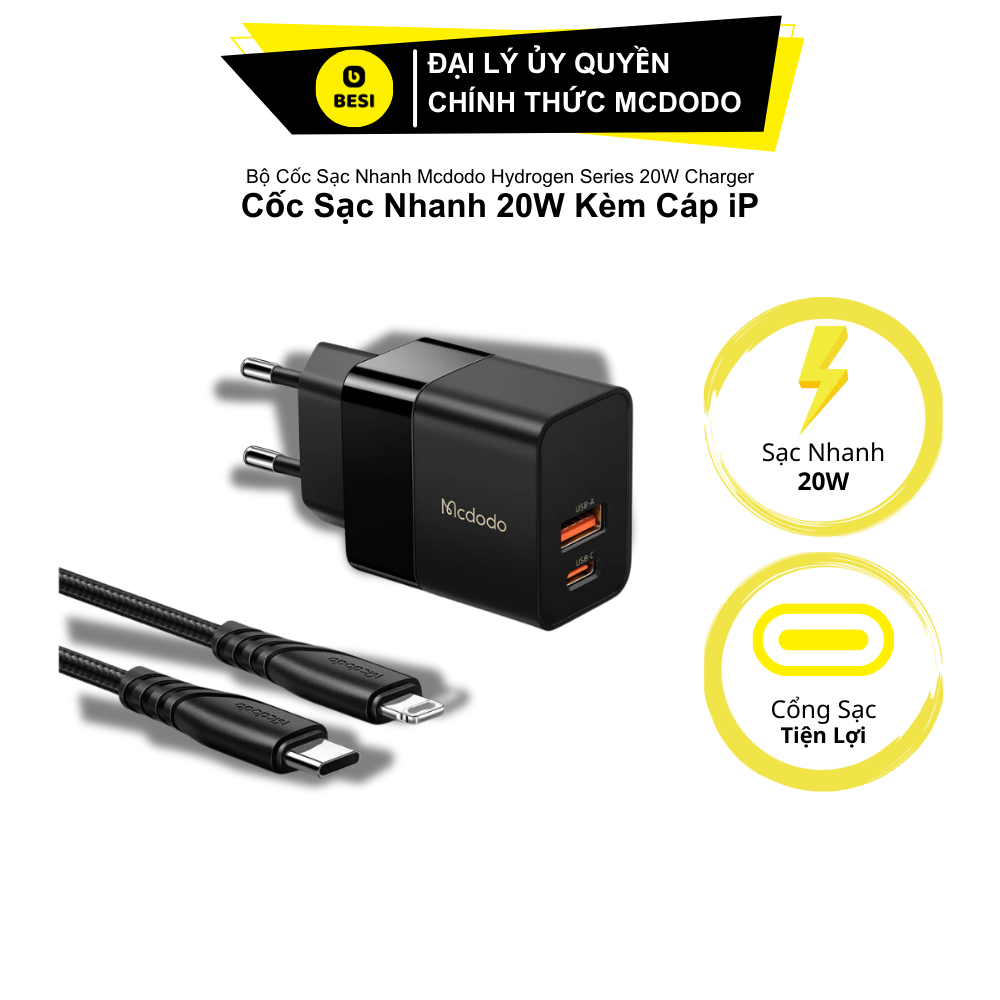 Bộ Sạc Nhanh Mcdodo 20W PD | 2 Cổng Type-C & USB, Hỗ Trợ Sạc Nhanh PD, QC, SCP