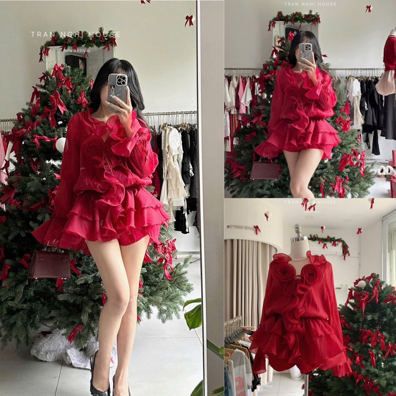 ĐẦM MIDI ĐỎ CỔ BÈO TRẮNG NÚT KÈM CÀI TÓC