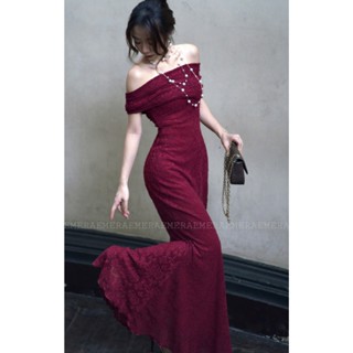 Váy Pearl đỏ đô Váy body 2 lớp chất ren thun cao cấp, dáng dài, trễ vai đuôi cá mặc nhiều kiểu Emera