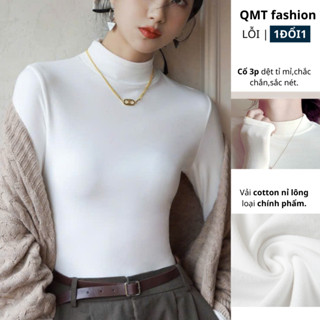 Áo giữ nhiệt nữ lót nỉ lông cừu cổ 3 phân chất thun cotton dày dặn mặt vải co giãn 4 chiều, áo thun nữ tay dài hàng đẹp