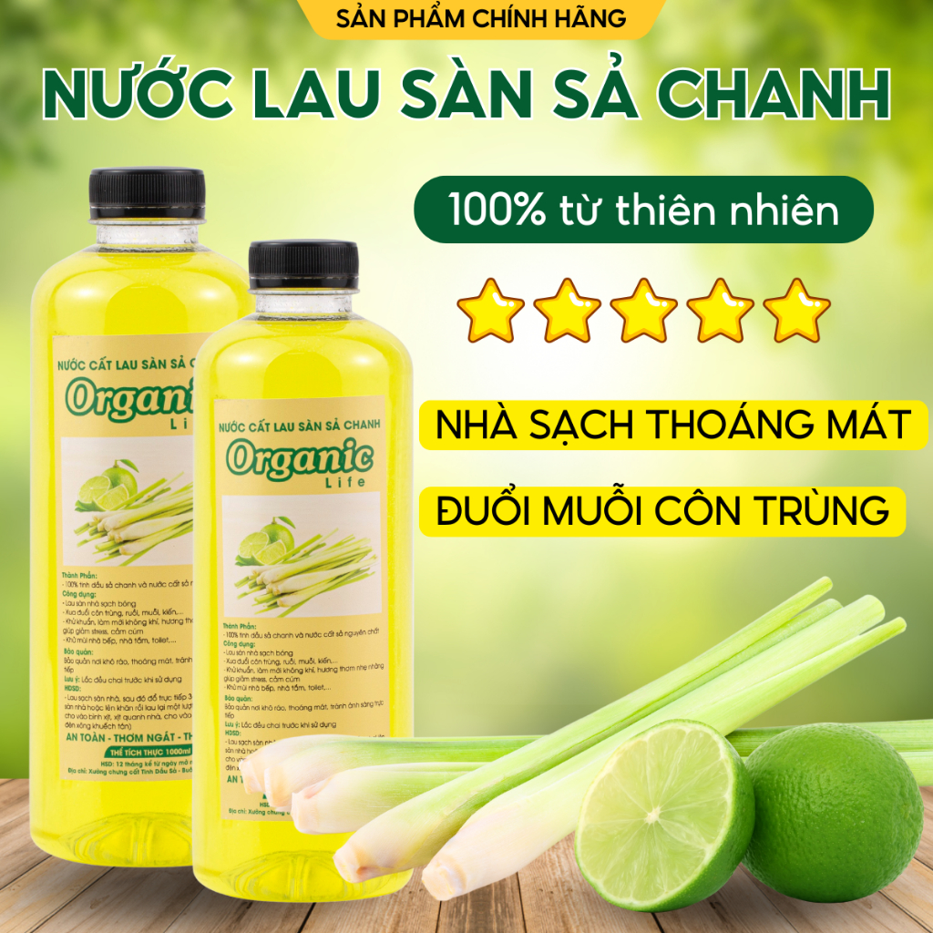 Nước Lau Sàn Sả Chanh Organic 1000ML Nước Lau Nhà Tinh Chất Hữu Cơ Khử Mùi Đuổi Muỗi Đuổi Côn Trùng