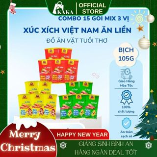  Combo 15 Gói Xúc Xích Ăn Liền Đồ Ăn Vặt Gồm: 5 Gói Xúc Xích Vị Heo 5 Gói Xúc Xích Vị Gà 5 Gói Xúc Xích Vị Ngô Bột 