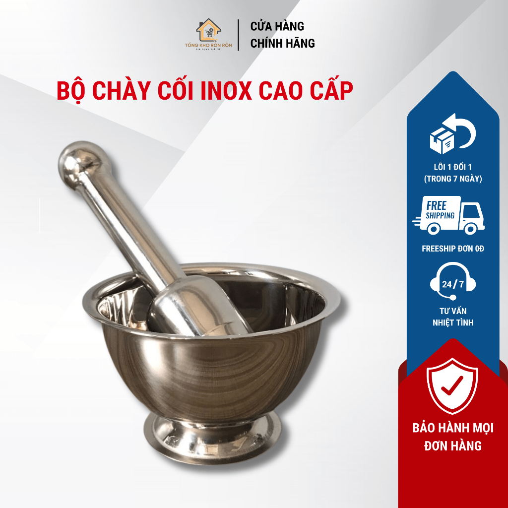 Bộ cối chày inox 304  xịn giã cua, gia vị, lạc vừng 3 kích cỡ, không han gỉ