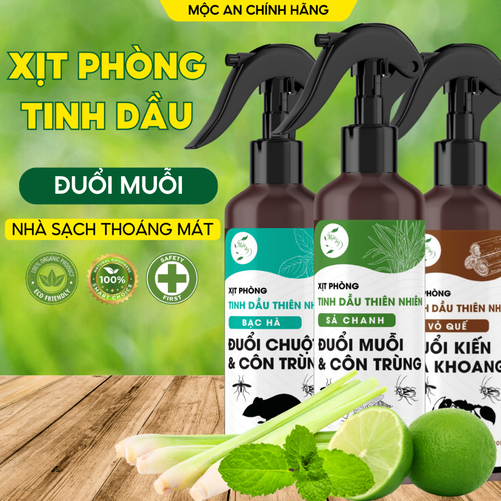 Xịt Phòng Tinh Dầu Sả Chanh Bạc Hà Quế Bạch Đàn Chanh MỘC AN Xịt Thơm Phòng Đuổi Muỗi Đuổi Côn Trùng