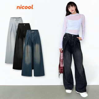 Quần jeans nữ NICOOL ống suông rộng xếp ly V sành điệu che khuyết điểm N41-Q59