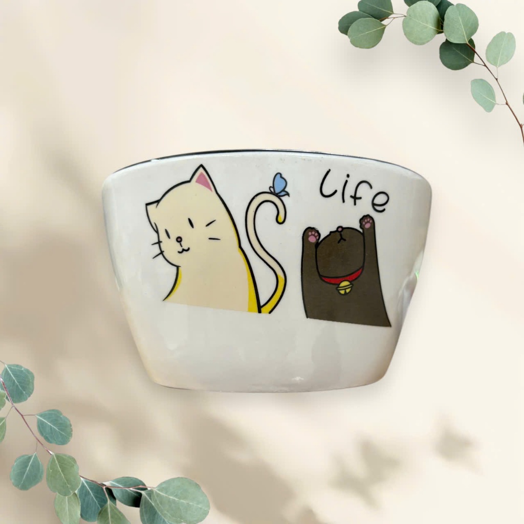 Bát sứ mèo vuông, bát ăn cơm, chén ăn cơm mèo con dễ thương.