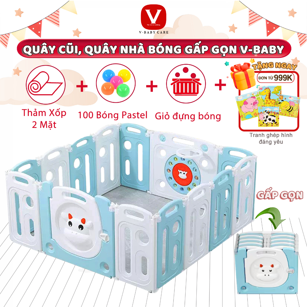 [Rẻ Nhất] Quây Cũi Nhựa Gấp Gọn Cho Bé V-BABY 2026 - Tặng 100 Bóng + 1 Thảm Hai Mặt + Giỏ Đựng Bóng