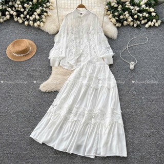 HA5543 [Sẵn một số size] Set thời trang nữ gồm áo sơ mi dài tay + chân váy dáng A xếp tầng thêu ren hoa 2 màu siêu xinh